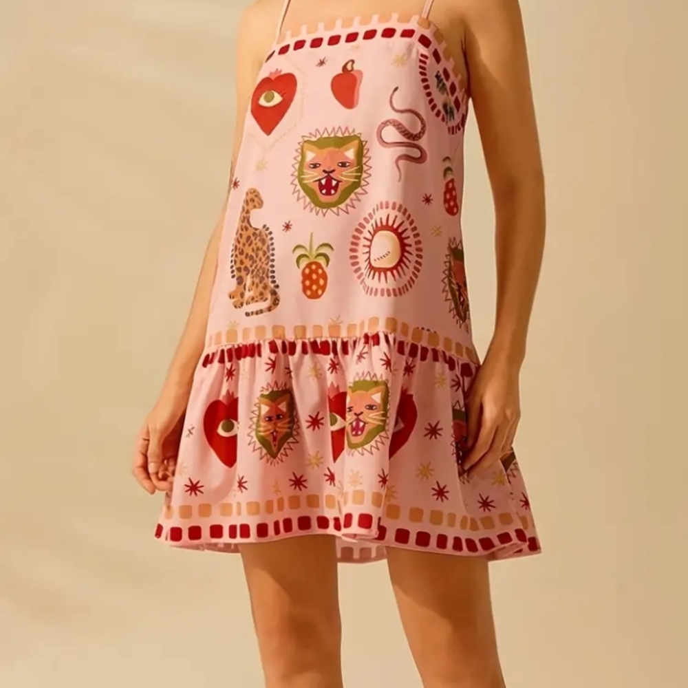 Pink Dress with Animal and Fruit Print